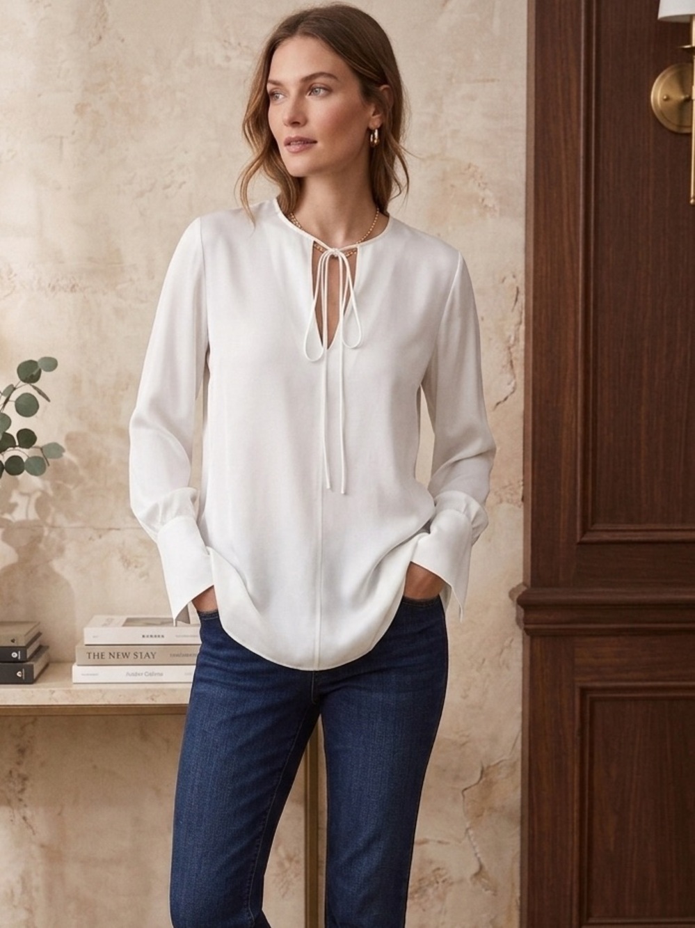 Theory Ivory White Silk Fluid Tunic Blouse with Tie Front